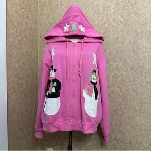 VTG Y2K 2000s Pink Snowman Full Zip Hoodie Patchwork Christmas Sweater